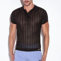 Code 22 Knitted Stripe Polo Shirt Black
