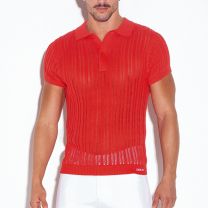 Code 22 Knitted Stripe Polo Shirt Coral