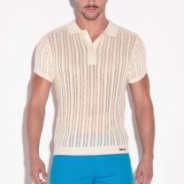 Code 22 Knitted Stripe Polo Shirt Off White